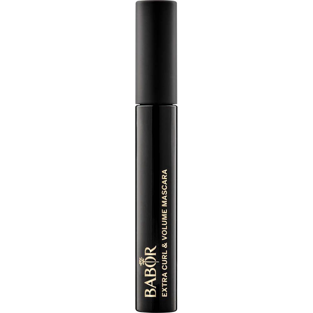 Zwarte mascara-tube met zwarte dop. Opschrift: Babor Extra Curl & Volume Mascara.