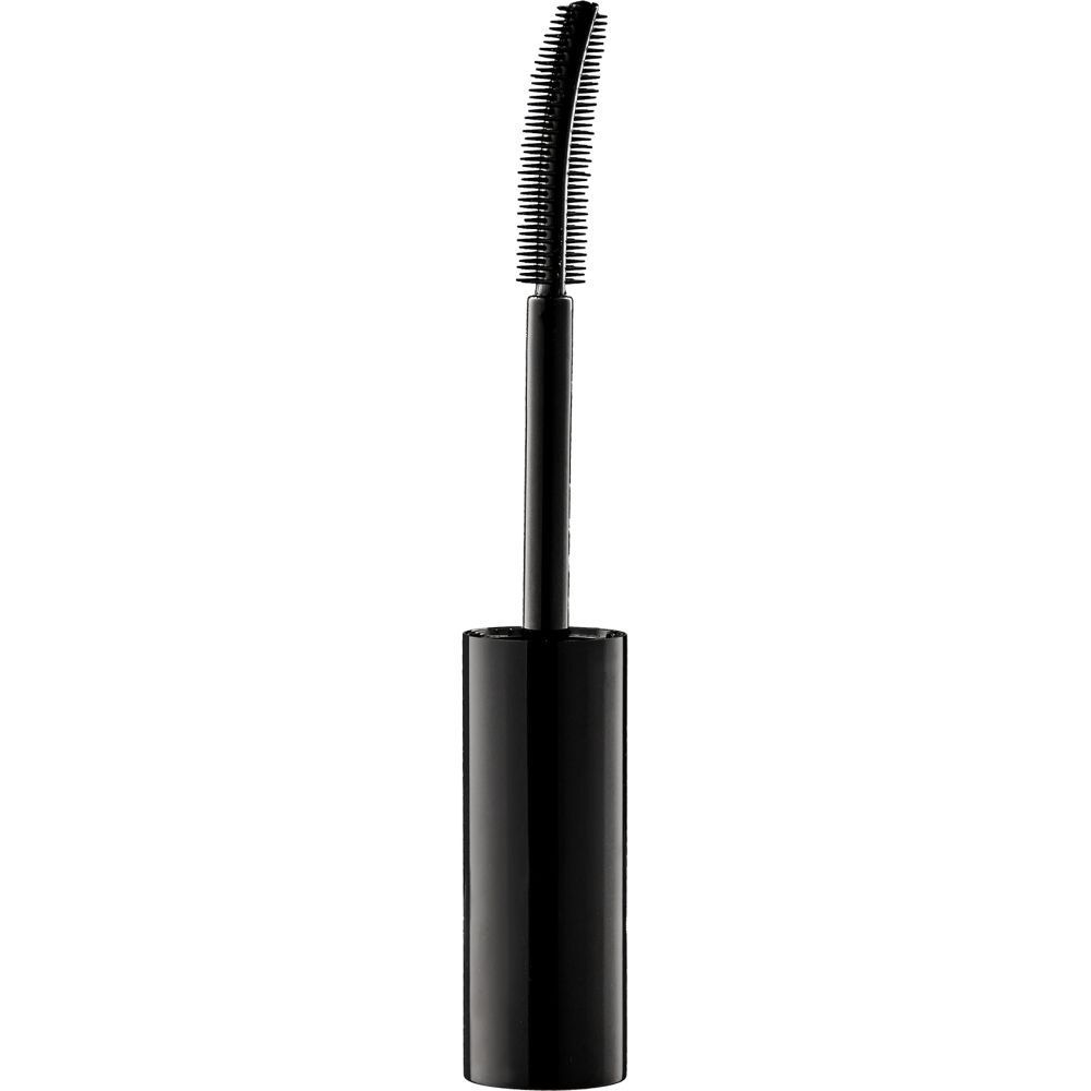 Zwarte mascara borstel met zwarte steel. Borstelharen zichtbaar.