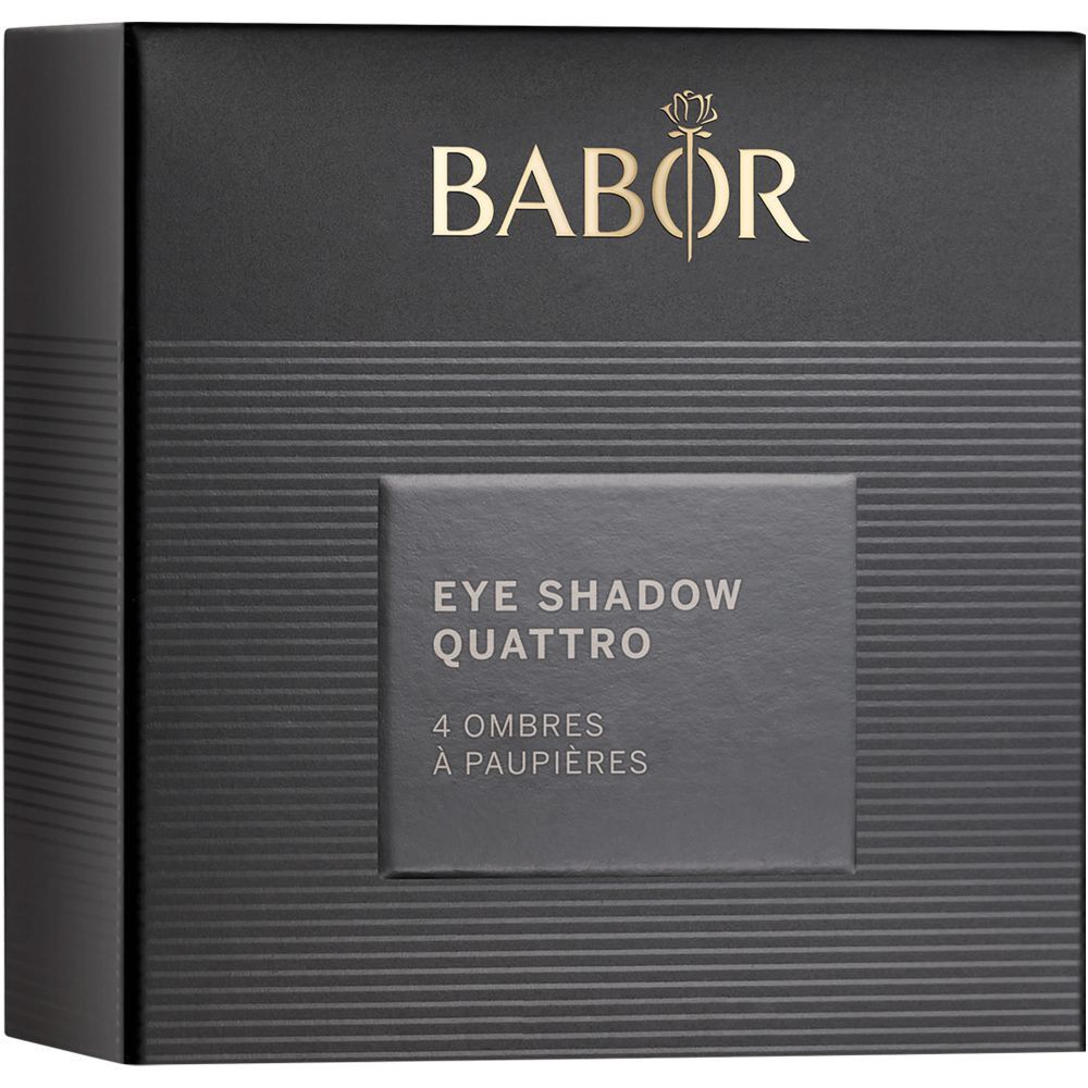 Emballage noir avec logo Babor et nom du produit: Eye Shadow Quattro. Surface rainurée.