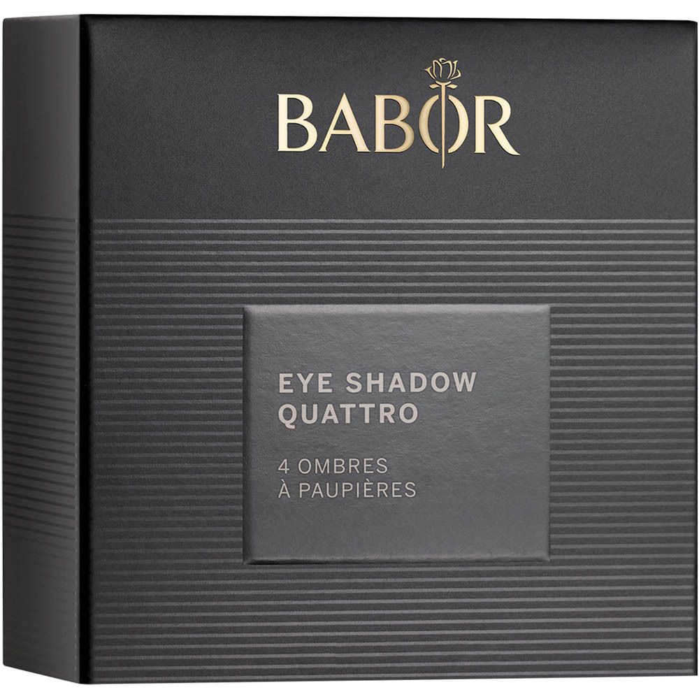 Zwarte verpakking met Babor-logo en tekst 'Eye Shadow Quattro'. Tekst in het Duits en Frans.