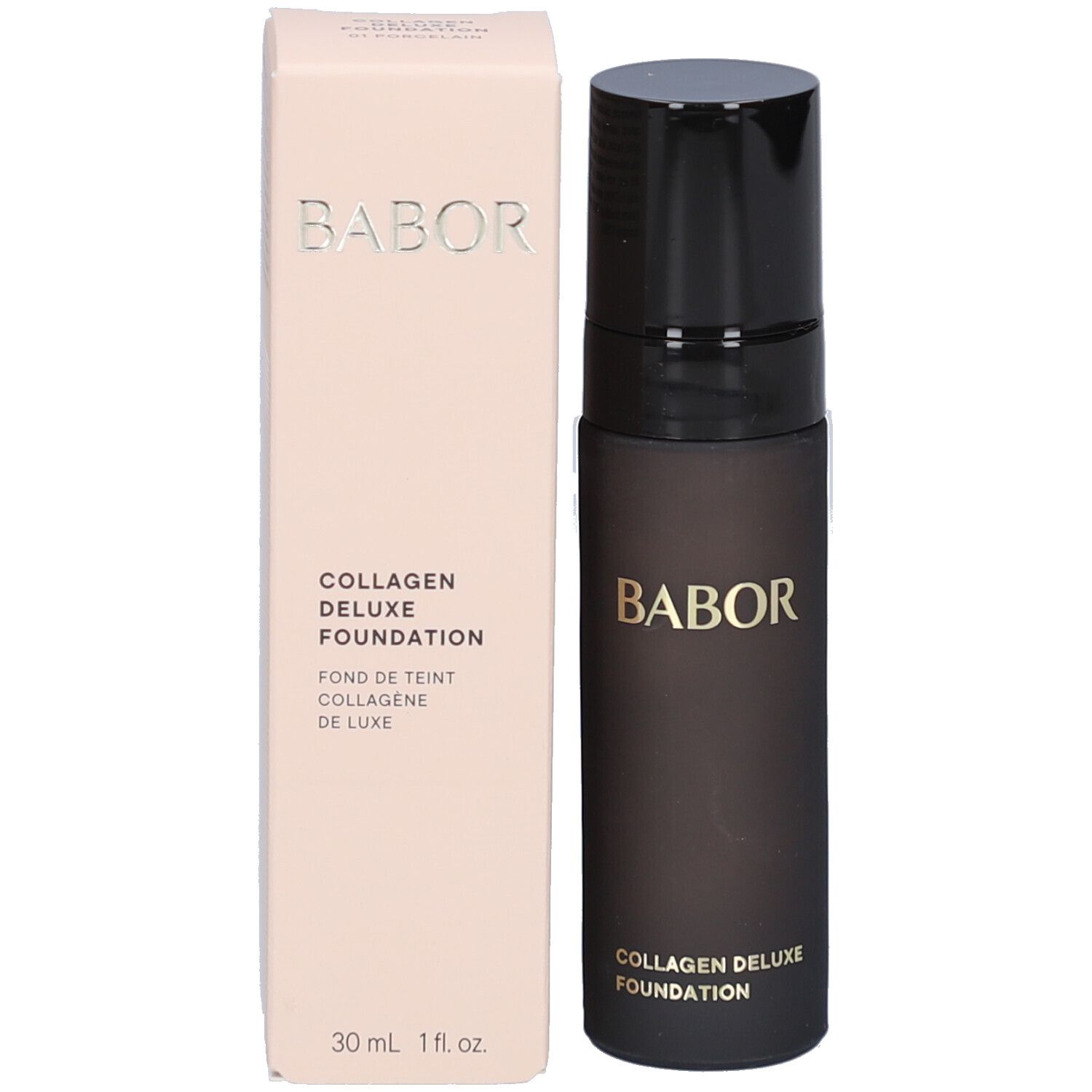 Flacon et emballage de fond de teint Babor Collagen Deluxe. Flacon et emballage avec texte. 30 ml.