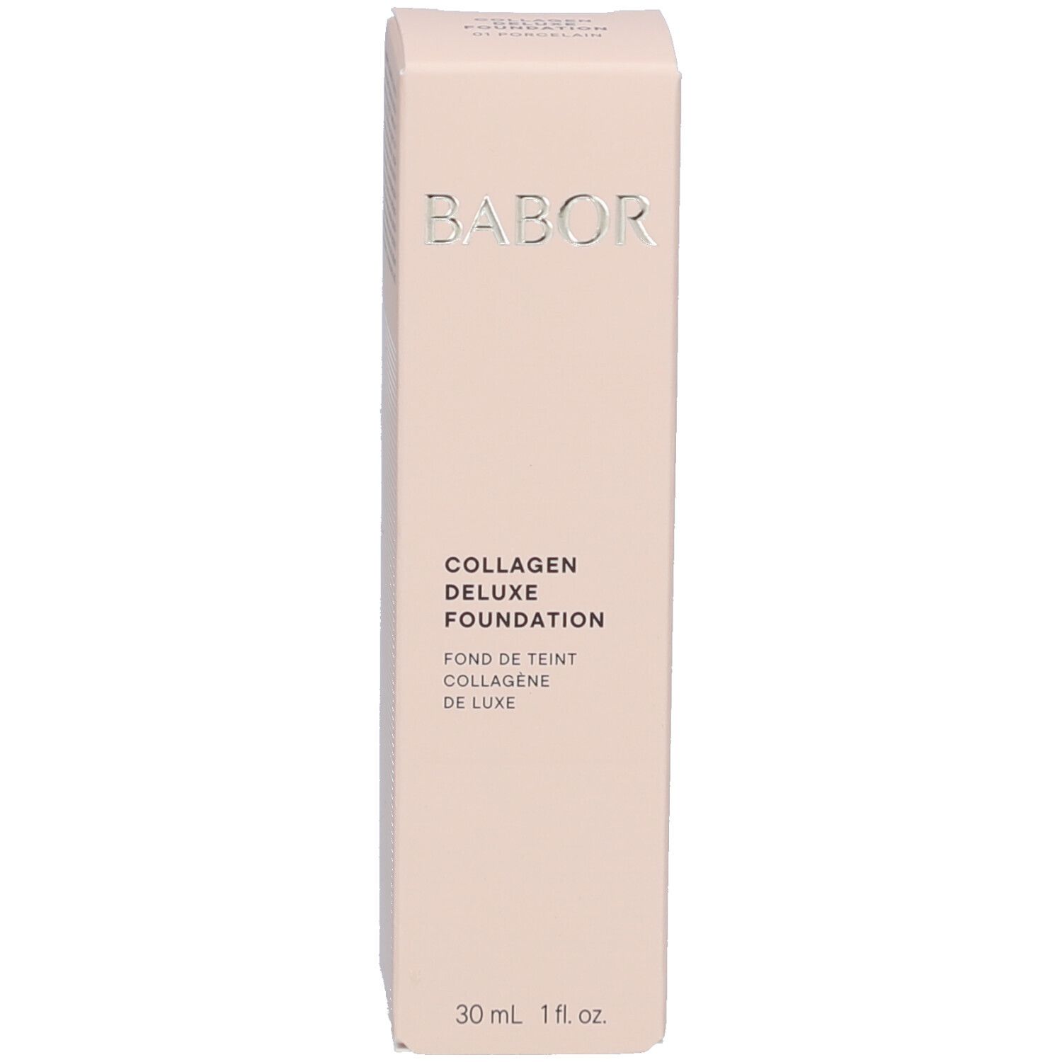 Emballage de fond de teint Babor Collagen Deluxe. Emballage rose avec texte. 30 ml.