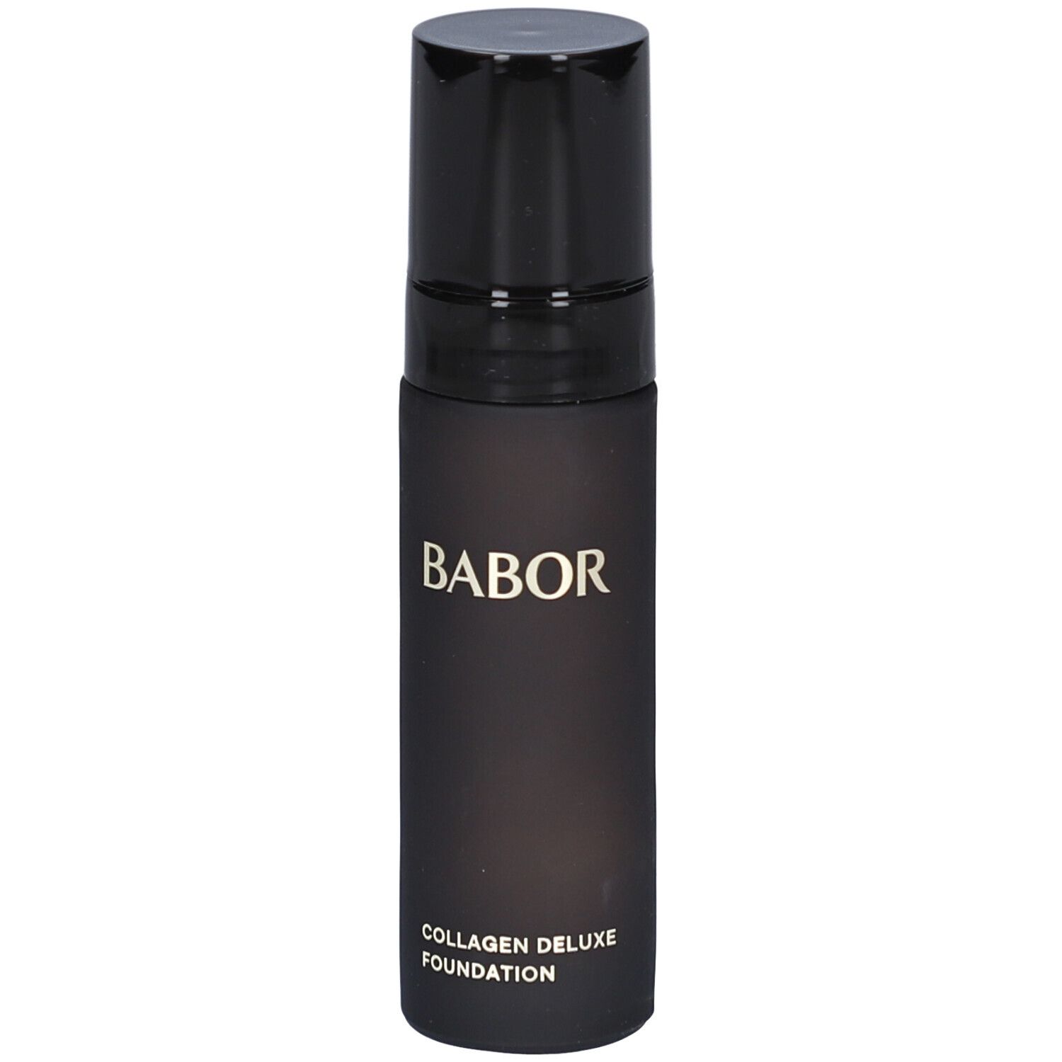 Zwarte fles BABOR® Collagen Deluxe Foundation met zwarte dop. Opschrift: BABOR, Collagen Deluxe Foundation.