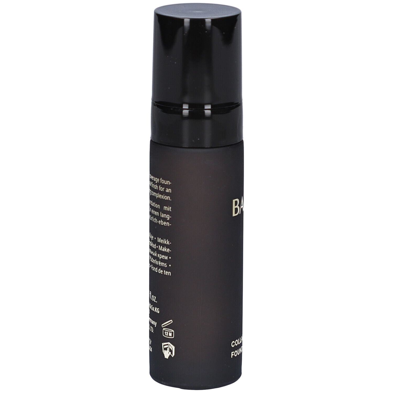 Zwarte fles BABOR® Collagen Deluxe Foundation met zwarte dop. Tekst en informatie over de samenstelling. Opschrift: 30 ml net 1 fl.oz.