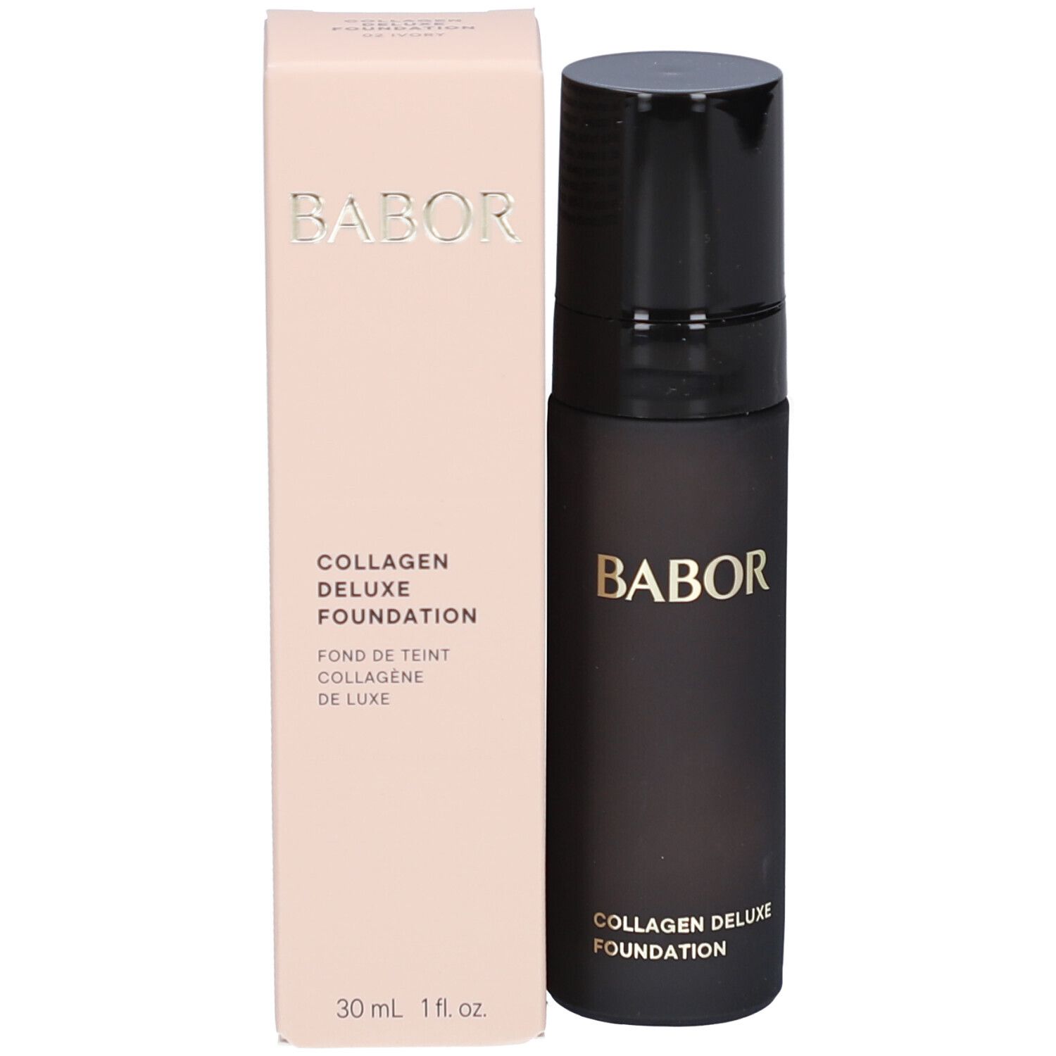 BABOR® Collagen Deluxe Foundation, fles en verpakking. Verpakking: lichtroze, opschrift: BABOR, Collagen Deluxe Foundation, 30 ml 1 fl.oz.