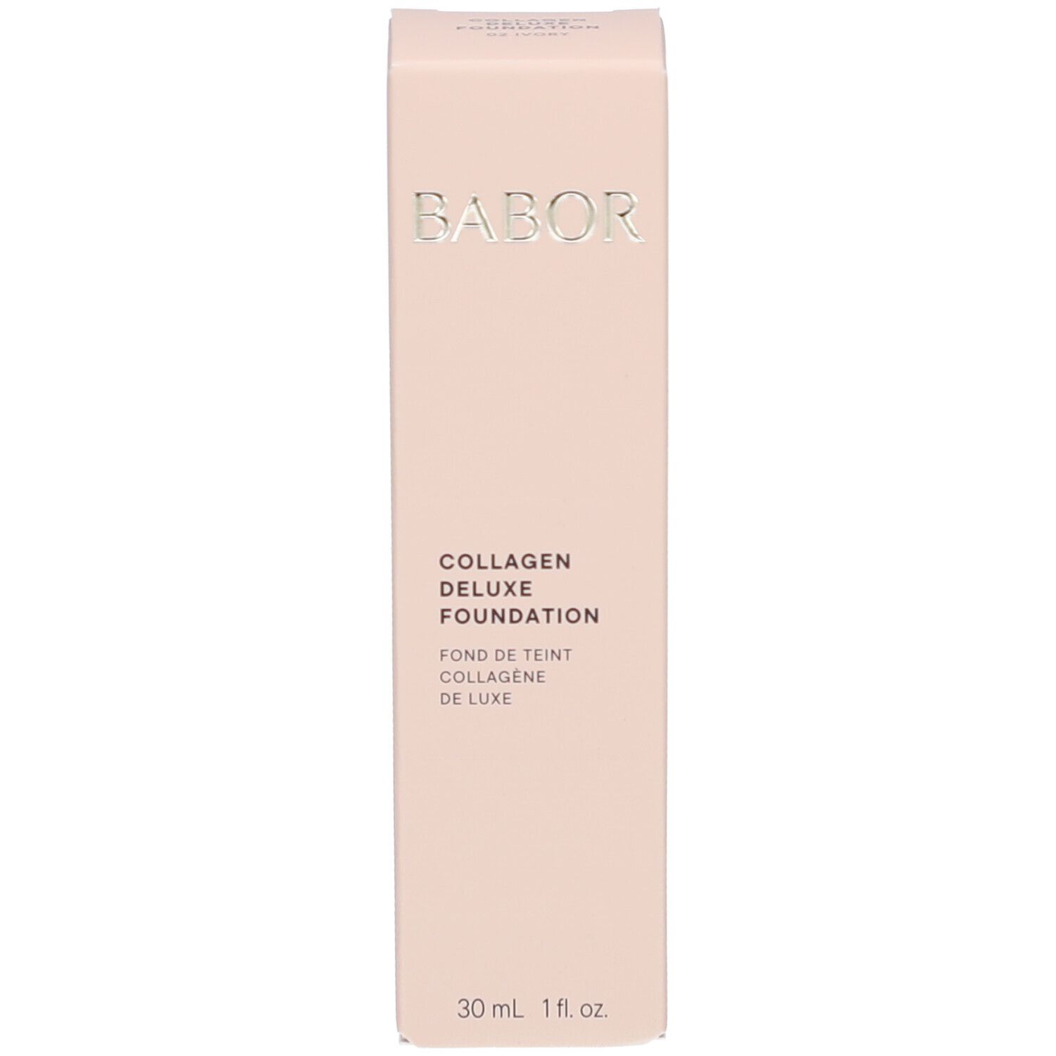 BABOR® Collagen Deluxe Foundation, verpakking. Verpakking: lichtroze, opschrift: BABOR, Collagen Deluxe Foundation, 30 ml 1 fl.oz.