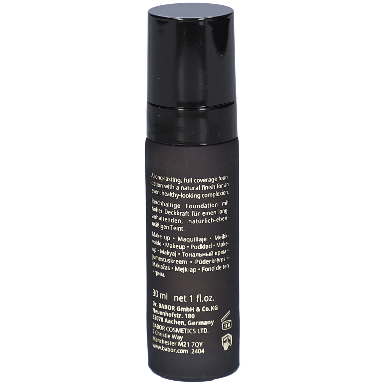 Flacon noir avec bouchon noir. Logo BABOR et informations produit. 30 ml, 1 fl.oz. Inscription.