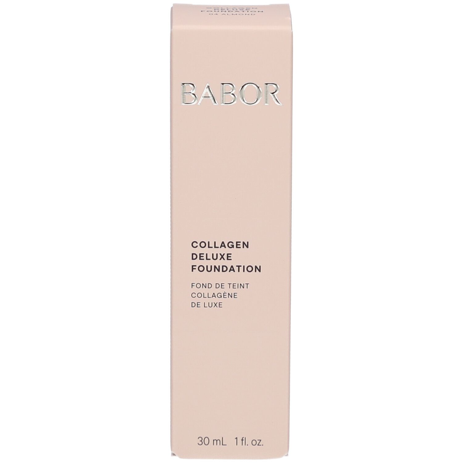 Emballage pour BABOR Collagen Deluxe Foundation. Logo et nom du produit. 30 ml, 1 fl.oz.