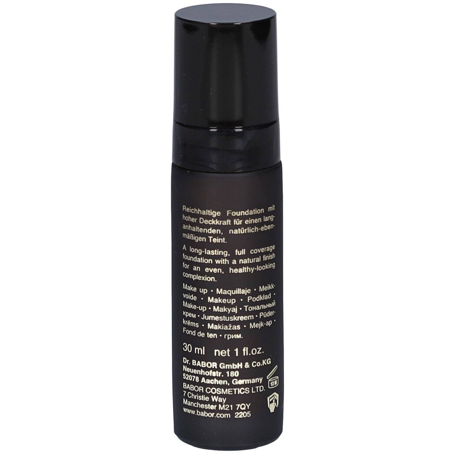 Flacon noir BABOR Foundation. Texte sur le flacon. 30 ml. Bouchon en haut.
