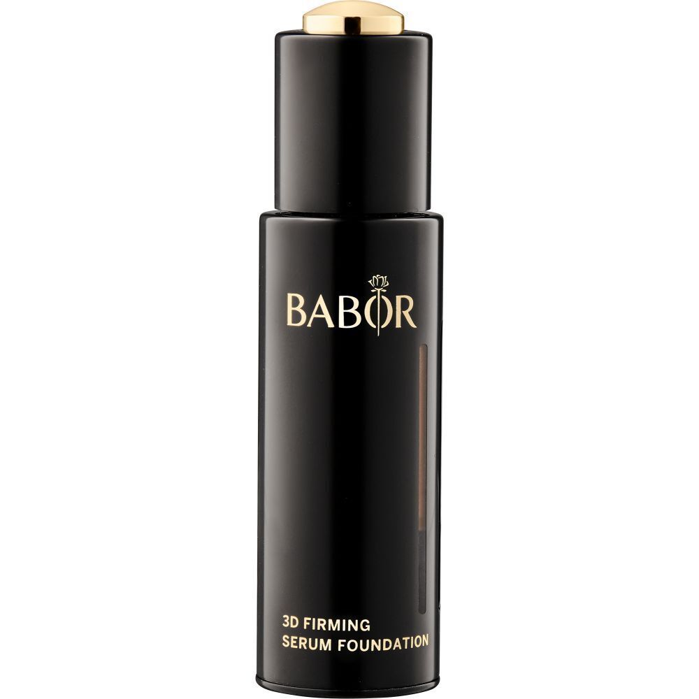 Zwarte fles met gouden dop. Opschrift BABOR en 3D Firming Serum Foundation.