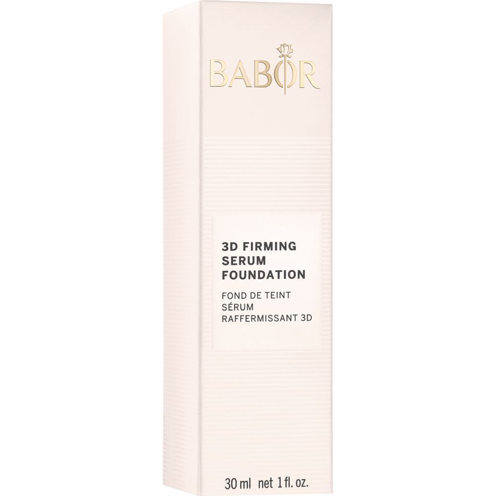 Witte verpakking met opschrift BABOR, 3D Firming Serum Foundation en andere teksten.