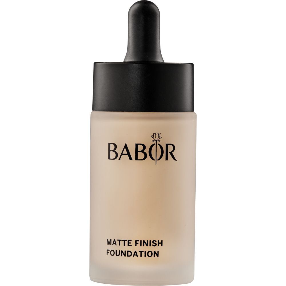 Flesje foundation. Matte finish. Zwarte dop met pipet. Babor-logo.