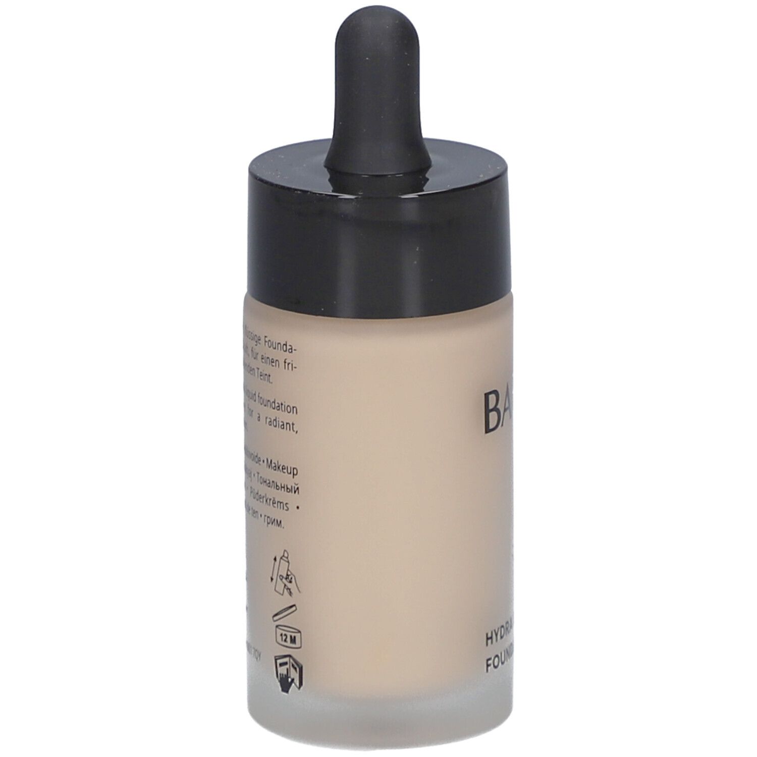 Vloeibare foundationfles met zwarte dop en pipet. Productnaam en tekst zichtbaar.