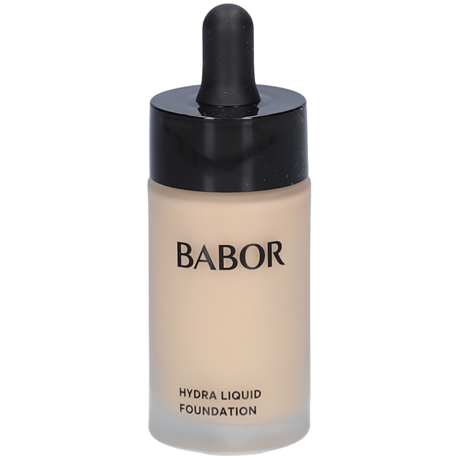 Foundationfles met zwarte dop en pipet. BABOR en HYDRA LIQUID FOUNDATION zichtbaar.