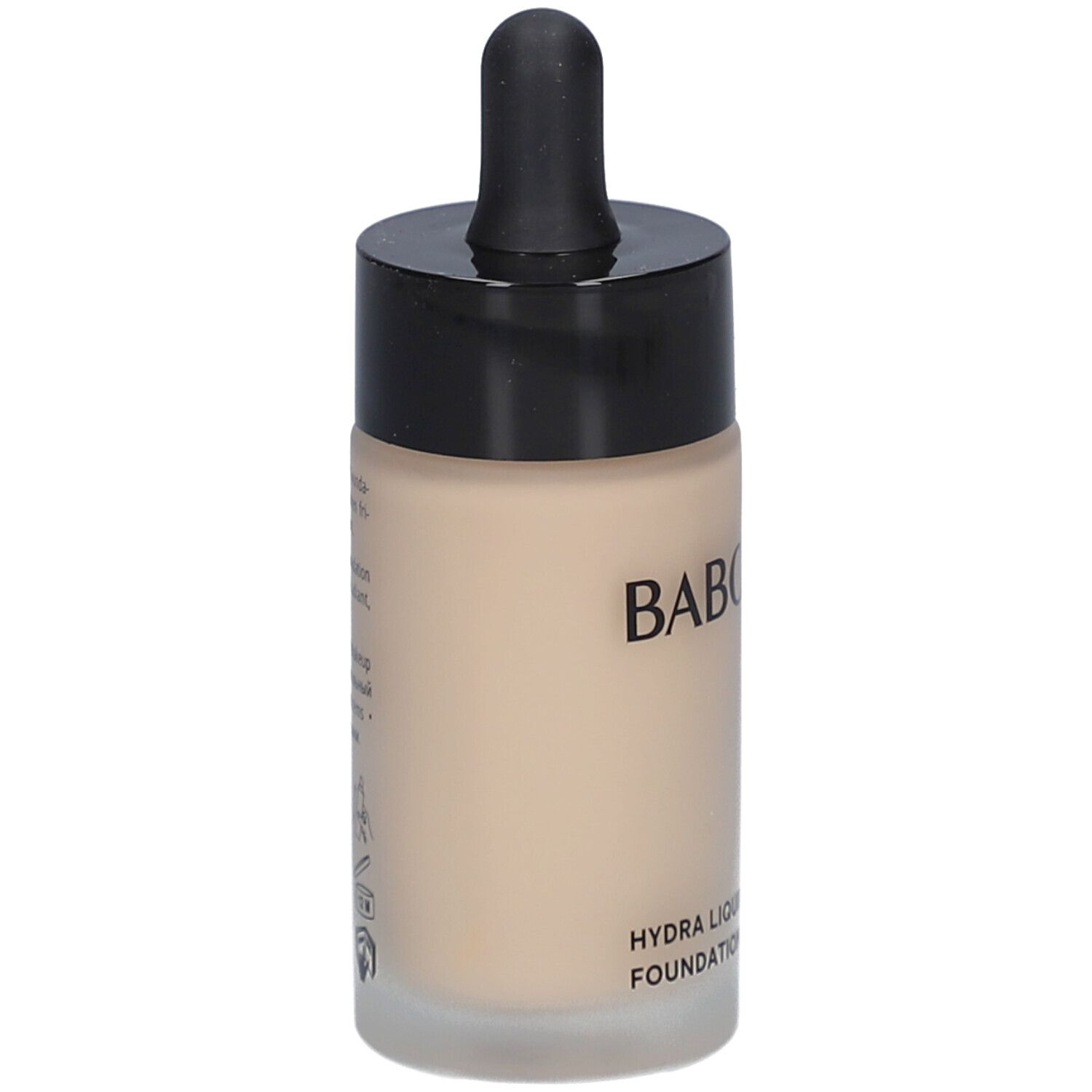 Foundationfles met zwarte dop en pipet. Productnaam en tekst zichtbaar.