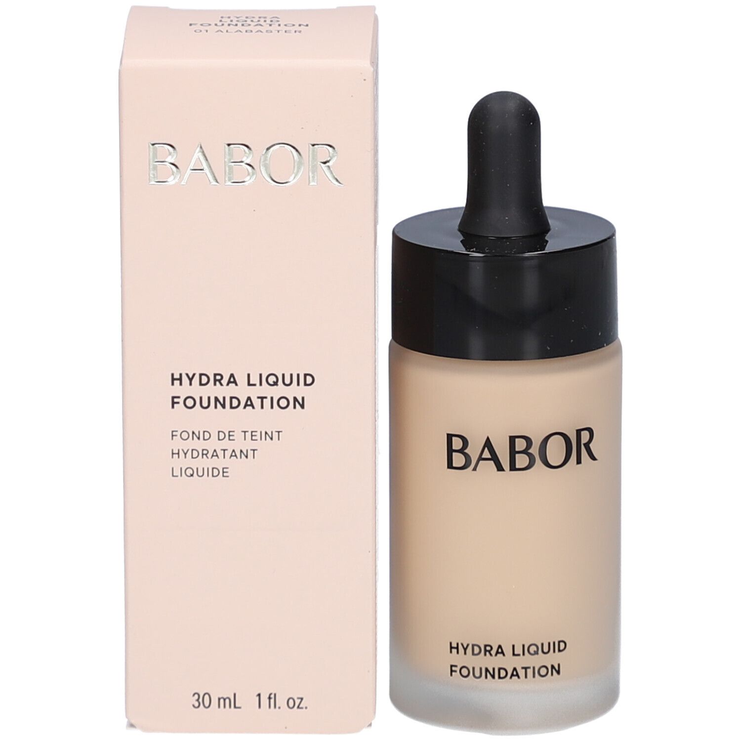 Foundationfles en verpakking. BABOR, HYDRA LIQUID FOUNDATION, 30 ml en 1 fl. oz. zichtbaar.