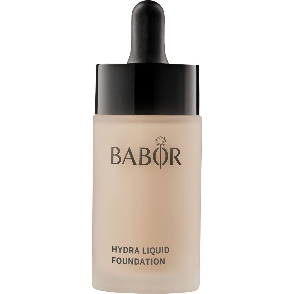Vloeibare foundationfles met zwarte dop en pipet. Merk BABOR, tekst HYDRA LIQUID FOUNDATION.