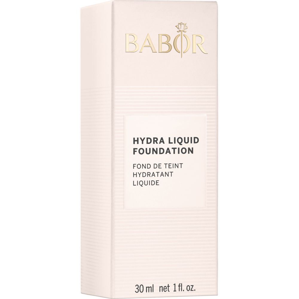Verpakking voor foundation. Merk BABOR, product HYDRA LIQUID FOUNDATION. Tekst: Fond de teint hydratant liquide.