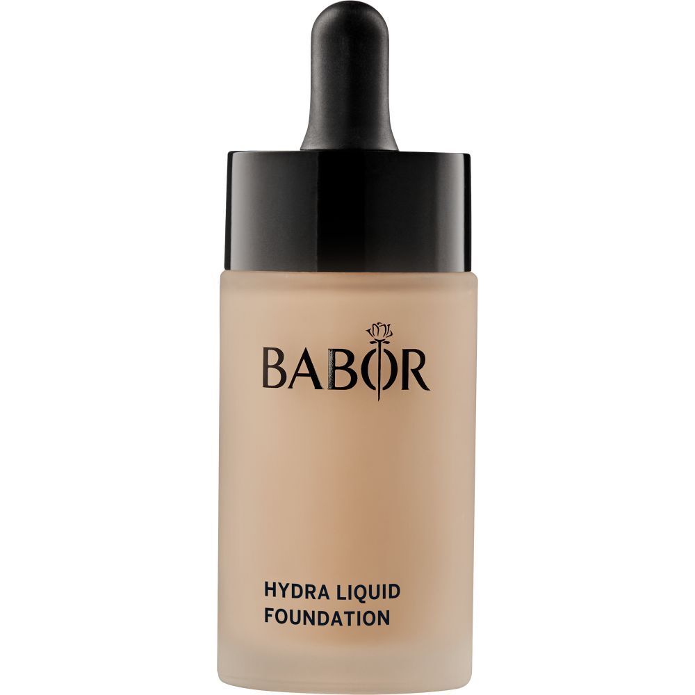 Vloeibare foundation in een glazen fles met zwarte dop. Merk Babor, opschrift Hydra Liquid Foundation.