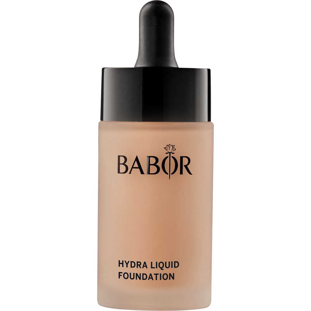 Vloeibare foundation in een glazen fles met zwarte dop. Opschrift: Babor, Hydra Liquid Foundation.