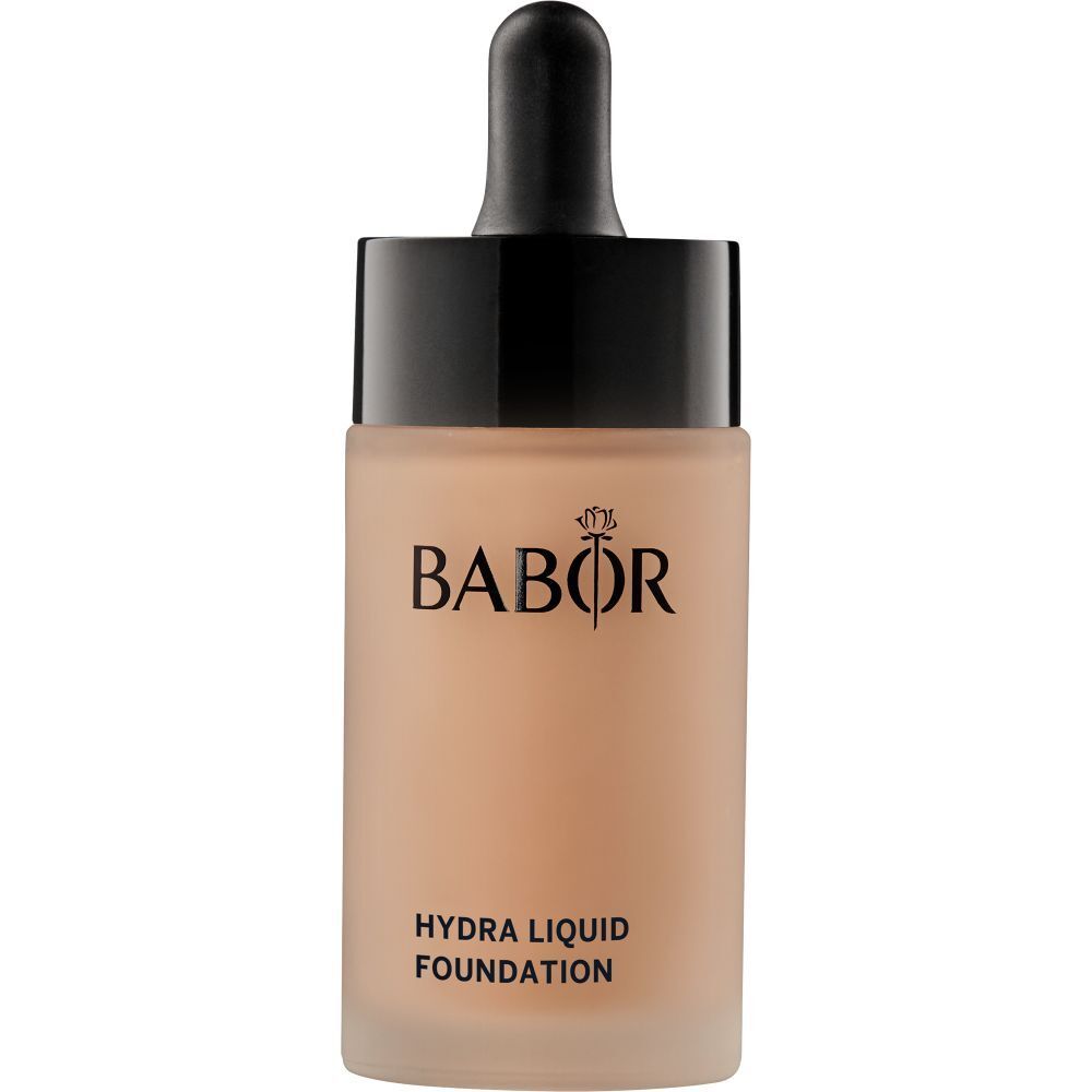 Babor Hydra Liquid Foundation. Fles met zwarte dop en pipet. Lichtbruine vloeistof zichtbaar.