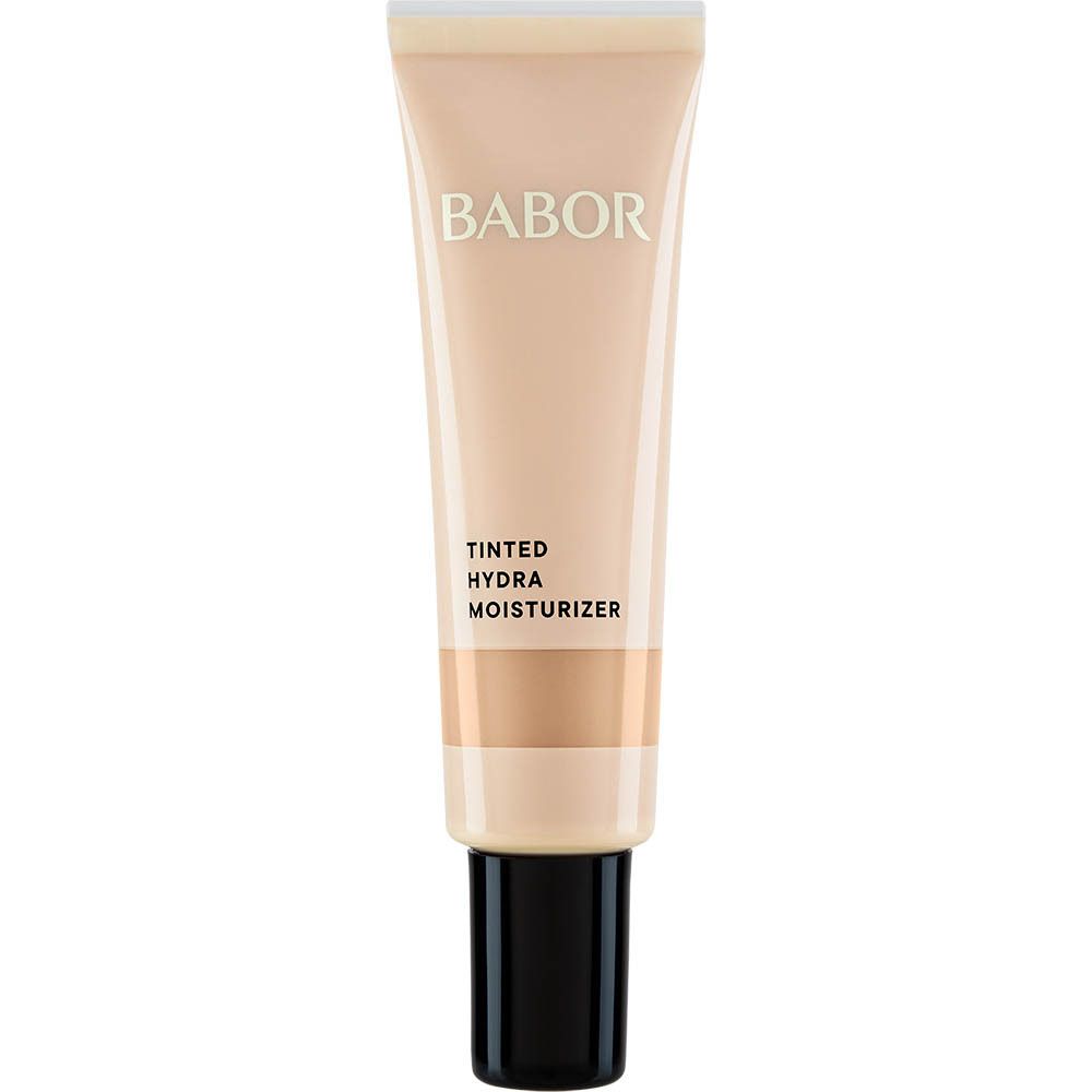 BABOR Tinted Hydra Moisturizer tube. Beige tube met zwarte pomp. Productnaam zichtbaar.
