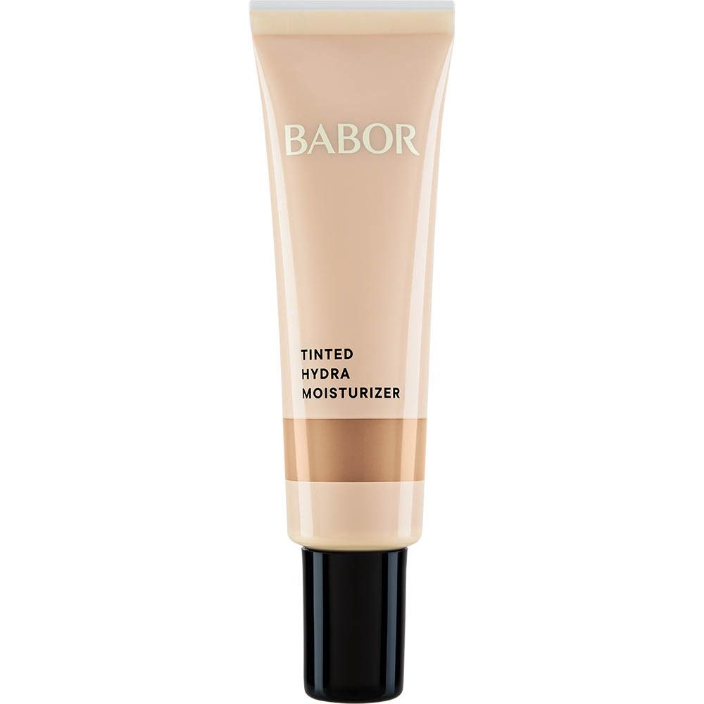 BABOR® tube. Getinte hydraterende crème. Beige tube met zwarte dop. Productnaam en merk zichtbaar.