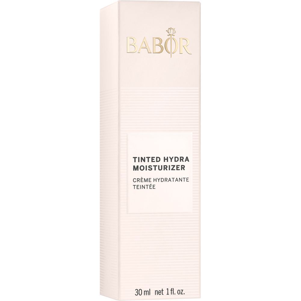 Verpakking getinte hydraterende crème. Opschrift: BABOR, TINTED HYDRA MOISTURIZER, Crème hydratante teintée.
