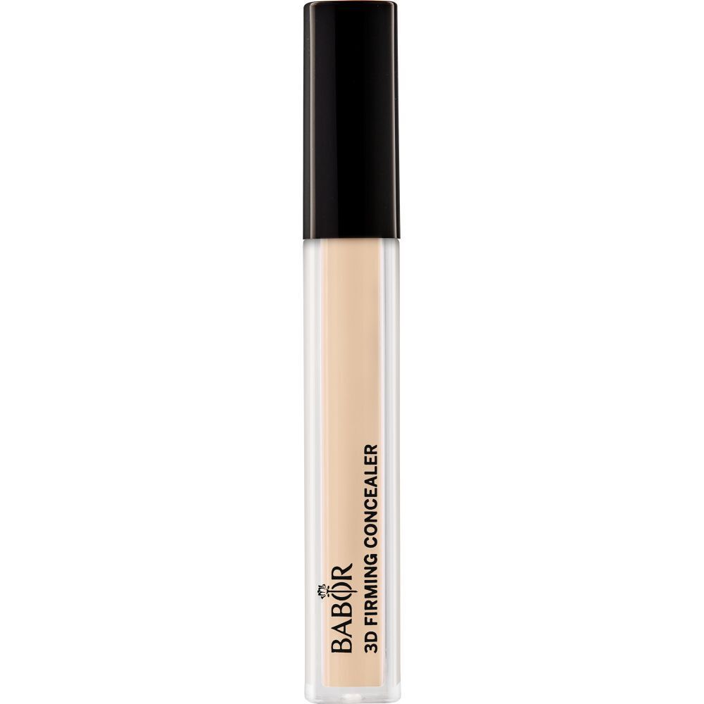 Babor 3D Straffender Concealer. Beige vloeibare concealer in transparante fles met zwarte dop. Productlabels.