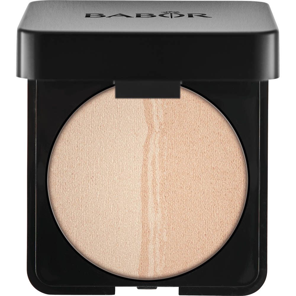 Highlighter compact avec deux teintes, emballage noir. Logo BABOR en haut. Forme ronde avec surface divisée.