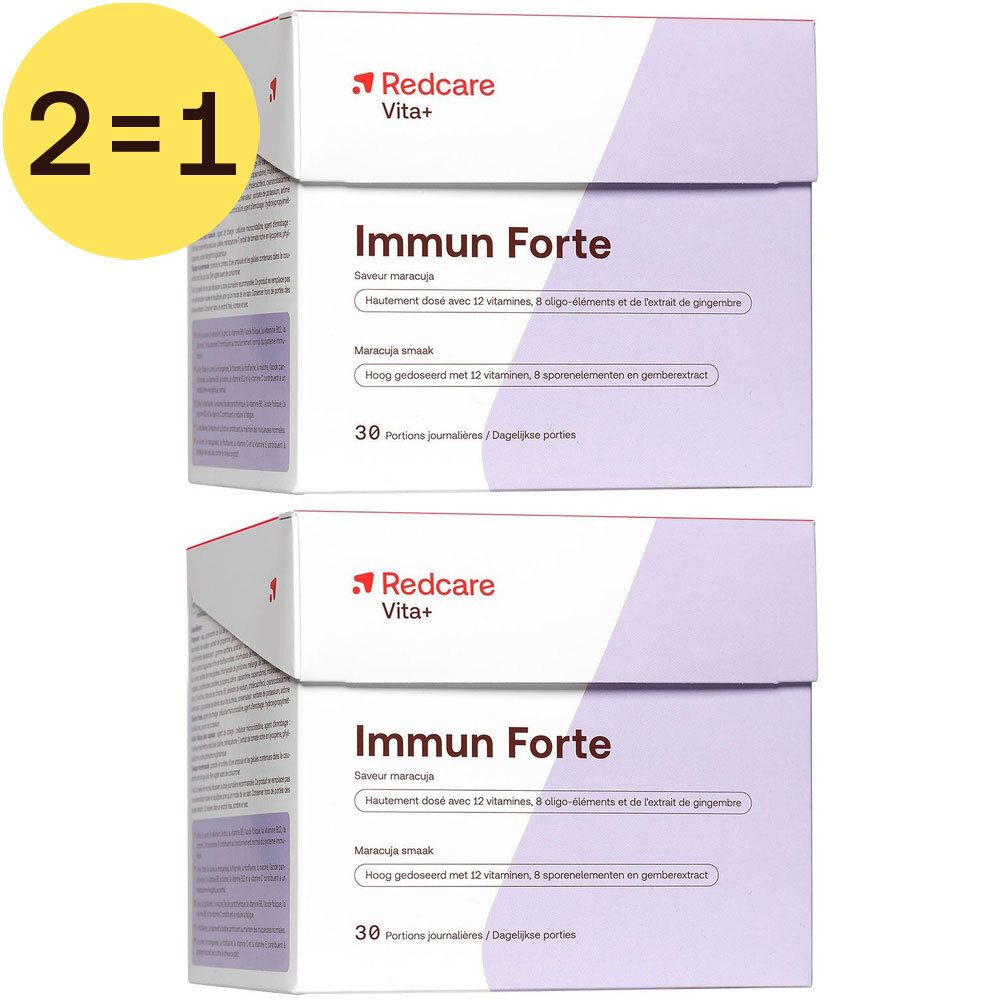 Twee verpakkingen Redcare Immun Forte 2 voor 1. Opschrift: 30 porties. Bevat vitaminen en gemberextract.