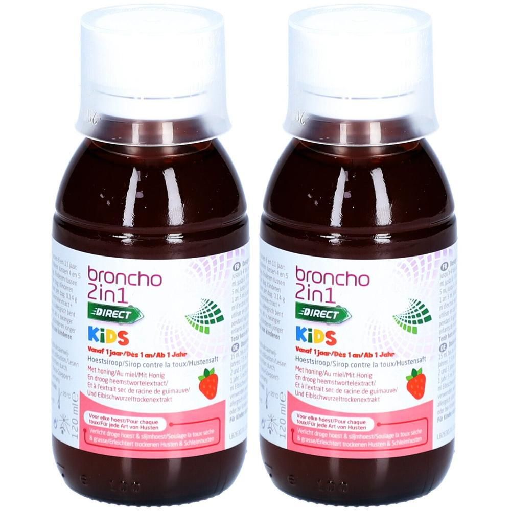 Twee flessen hoestsiroop. Bruine vloeistof in transparante flessen met witte dop. Opschrift: Broncho 2in1 Kids.