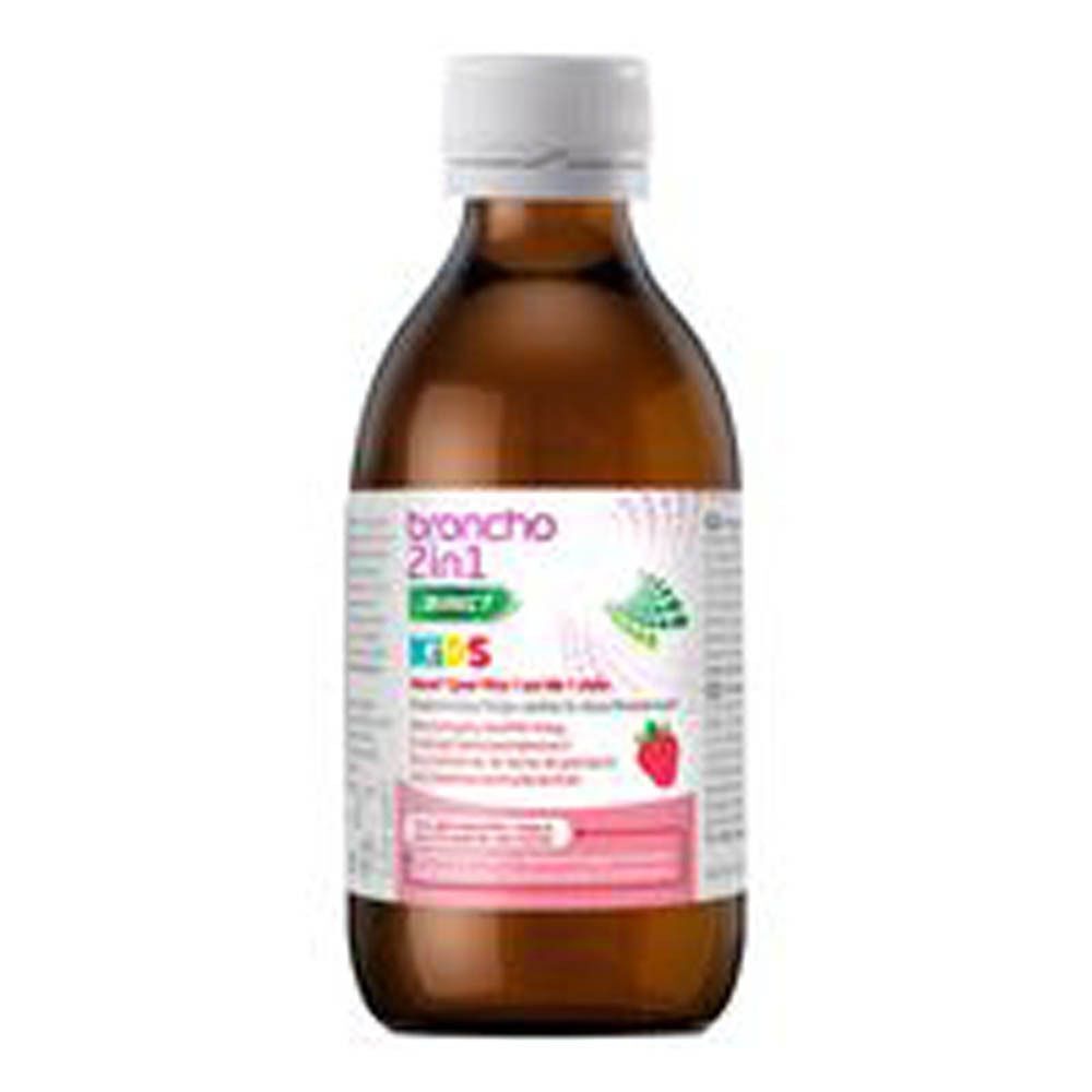 Bouteille en verre brun avec bouchon blanc, étiquette 'broncho 2in1 KIDS' et motif fraise.