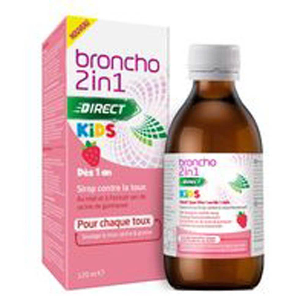 Broncho Direct 2in1 Kids sirop toux, flacon et emballage de 120ml.