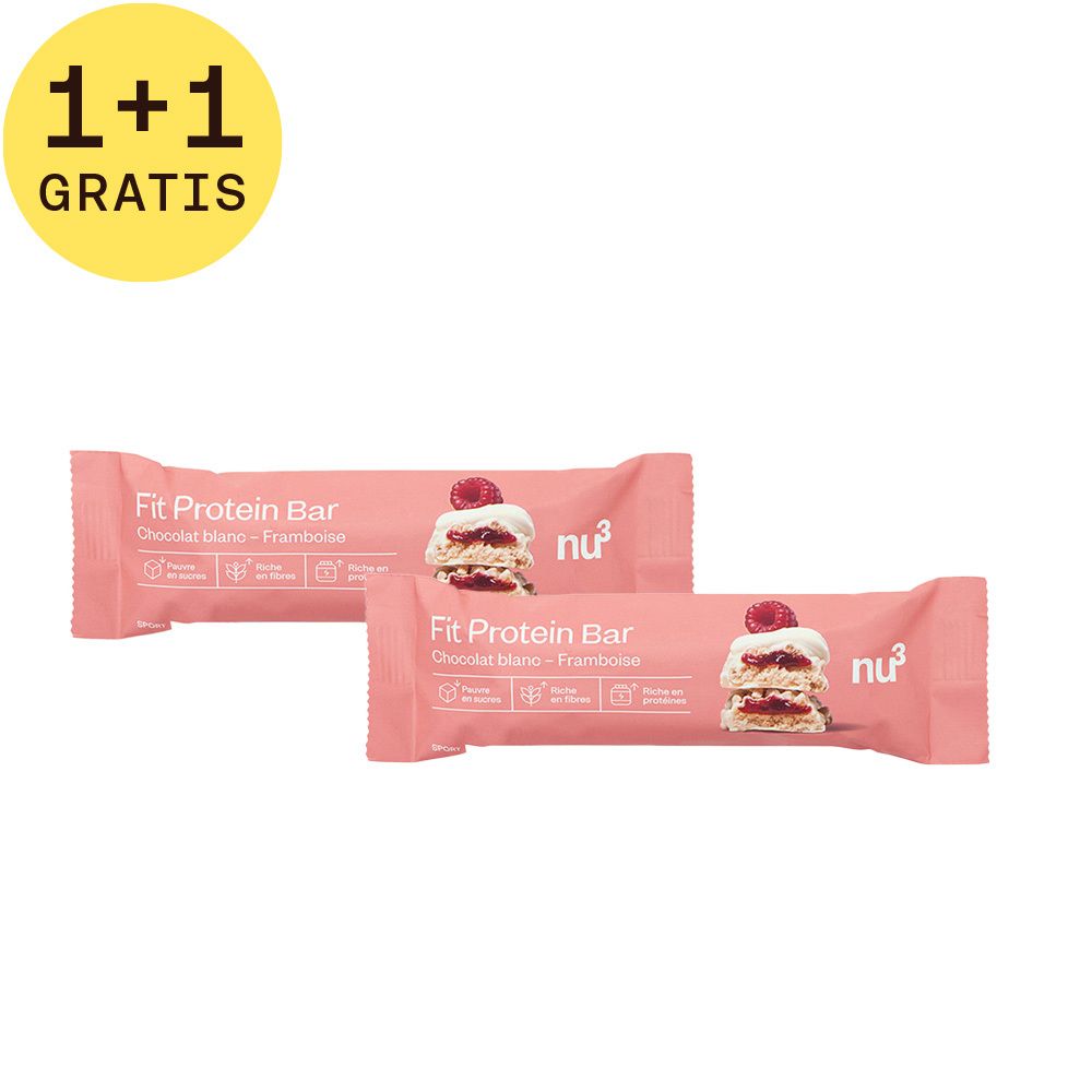 Twee eiwitrepen in roze verpakking. Linksboven: gele cirkel met "1+1 GRATUIT".