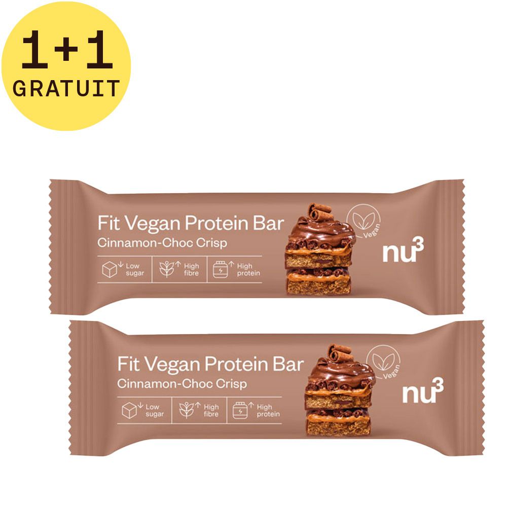 Deux barres protéinées emballées en brun. En haut à gauche : 1+1 GRATUIT. Inscription : Fit Vegan Protein Bar, logo nu3.