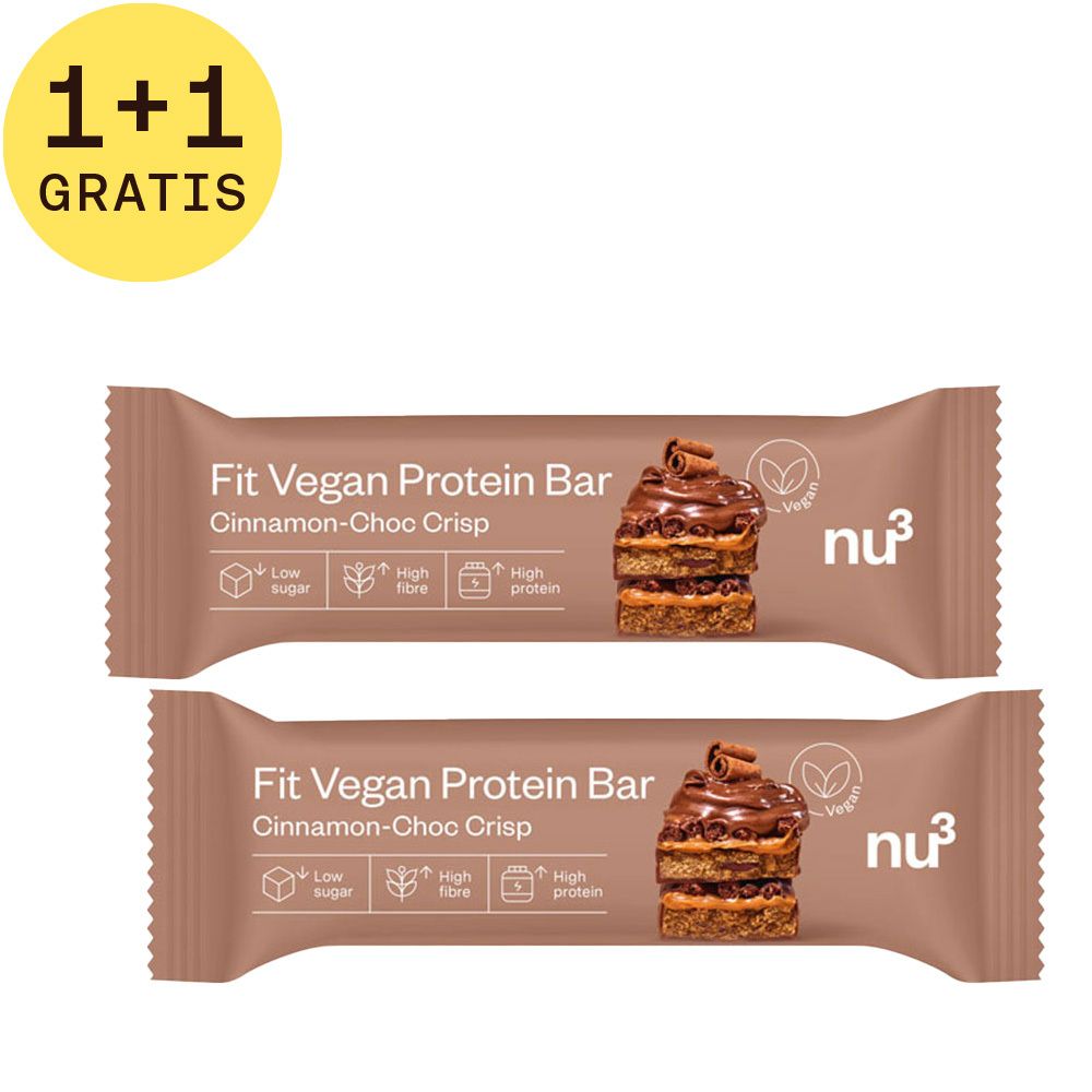 Twee eiwitrepen in bruine verpakking. Linksboven: 1+1 GRATIS. Opschrift: Fit Vegan Protein Bar, nu3 logo.