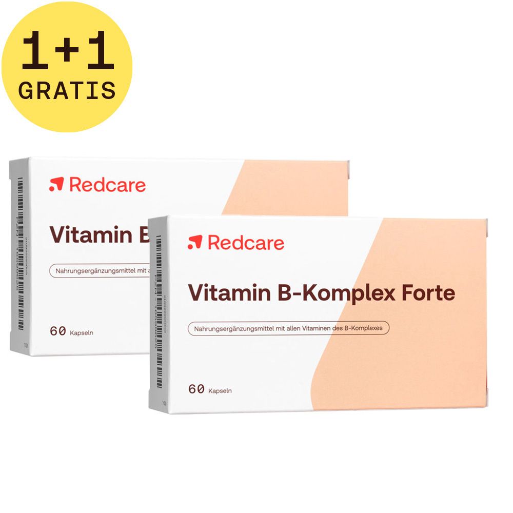 Twee dozen Redcare Vitamine B-Complex Forte met 1+1 GRATIS sticker. Elke doos toont "Vitamin B-Komplex Forte" en "60 capsules".