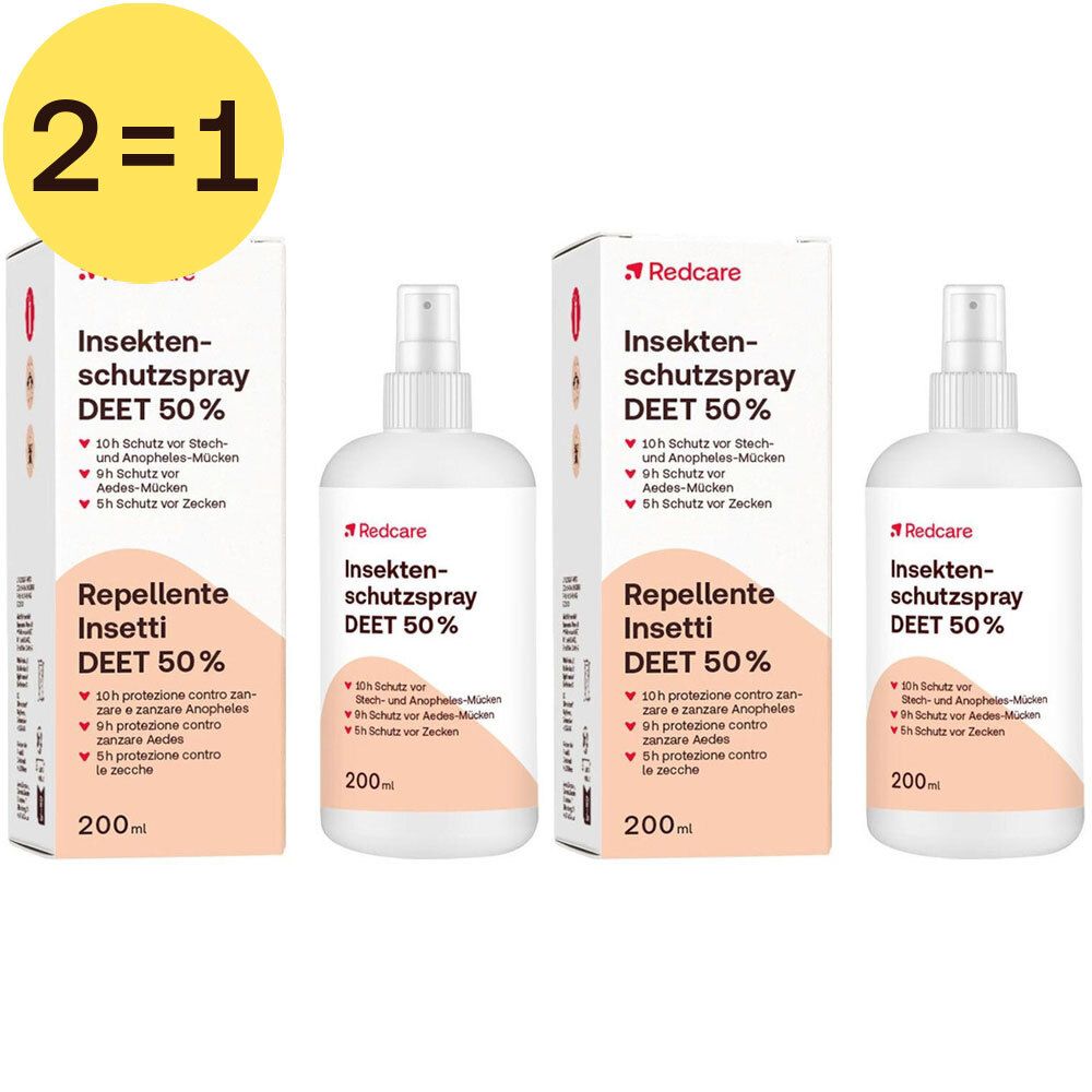 Twee flessen en twee dozen Redcare Insectenspray DEET 50%. Gele cirkel met "2=1". 