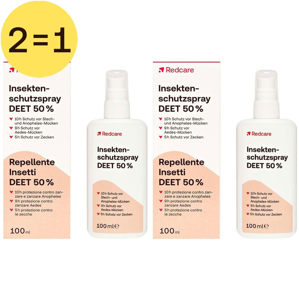 Trois flacons de spray anti-insectes avec emballage. Inscription : Insektenschutzspray DEET 50%.