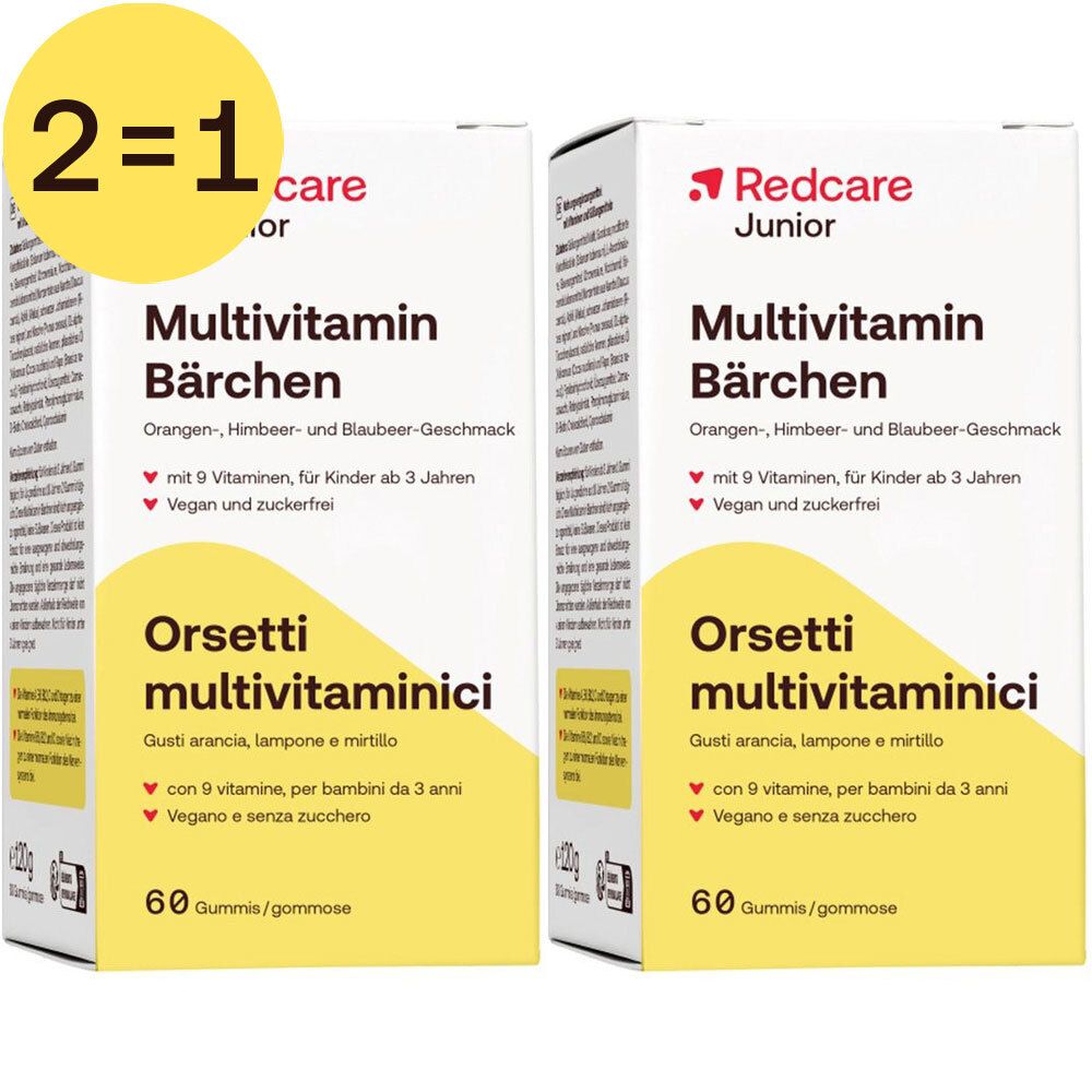 Deux boîtes de multivitamines oursons, 2 pour 1. Inscription : Redcare Junior, Orsetti Multivitaminici, 60 gommes.