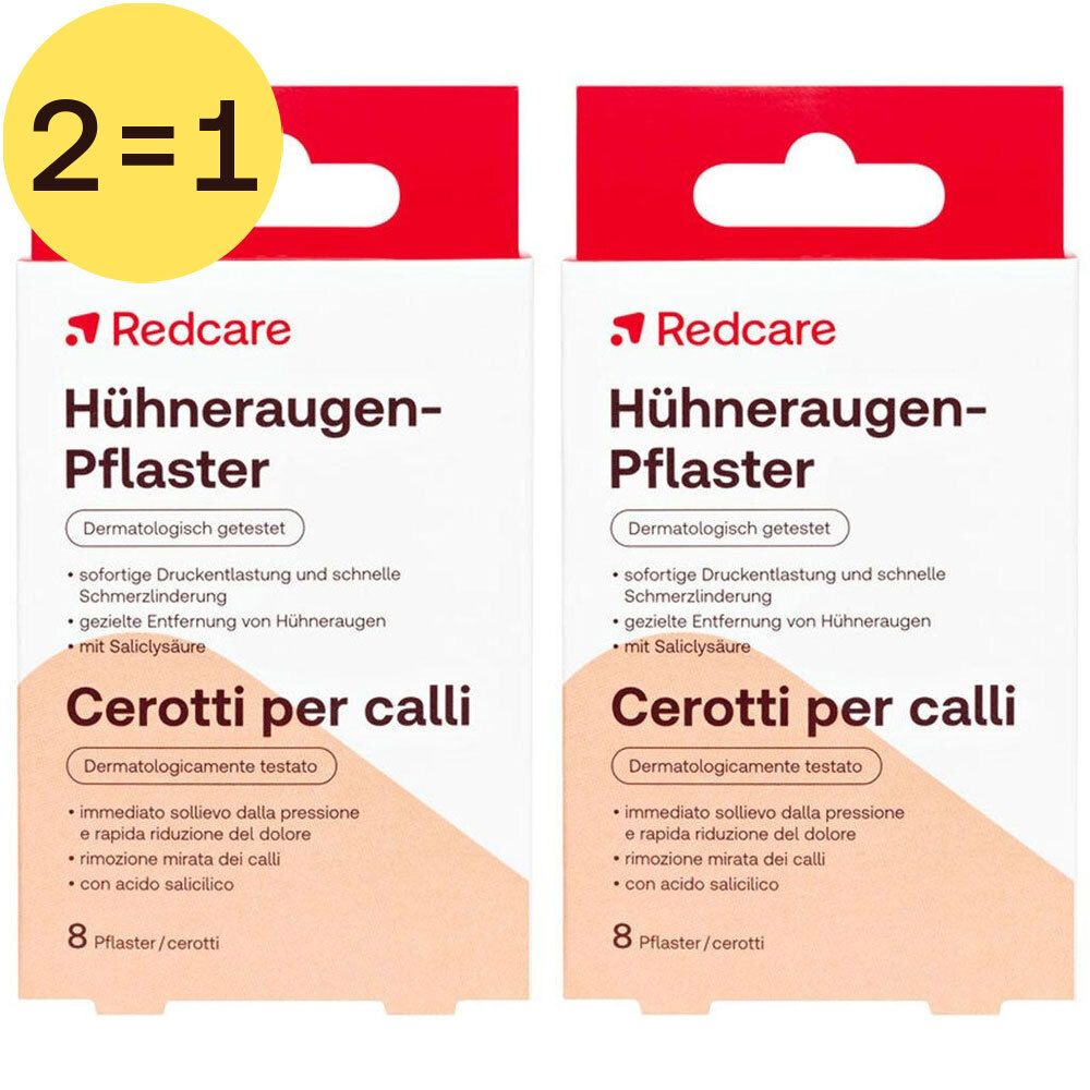 Deux boîtes de pansements Redcare pour cors. Inscription : 2=1. Testé dermatologiquement. Contient 8 pansements.