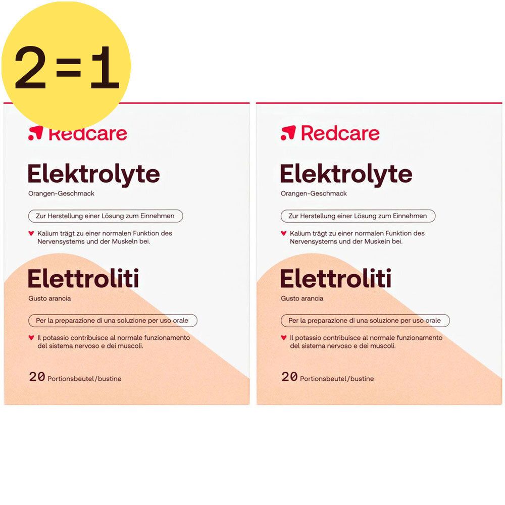 Deux boîtes de Redcare Électrolytes, 20 sachets, avec l'inscription "2=1".