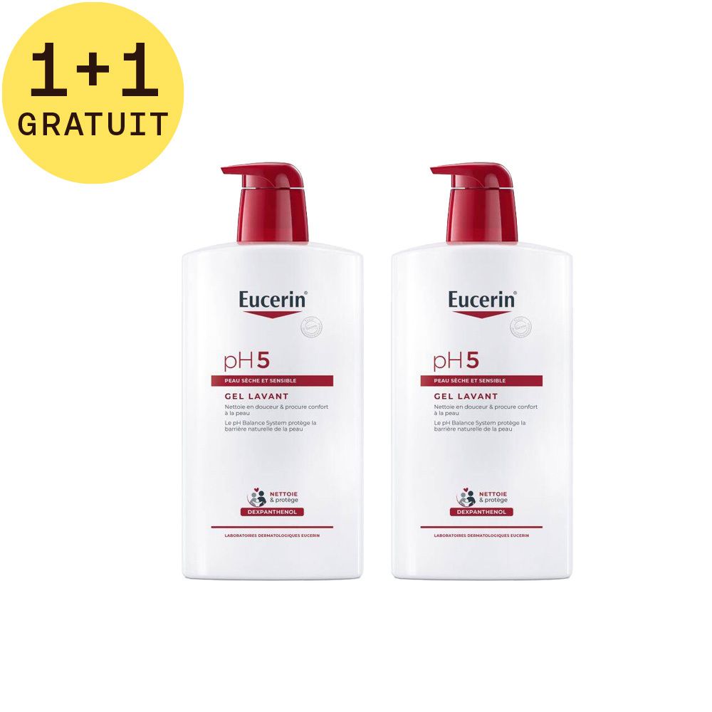 Deux flacons blancs avec pompe rouge. Inscription: Eucerin pH5 Gel Lavant. 1+1 GRATUIT.