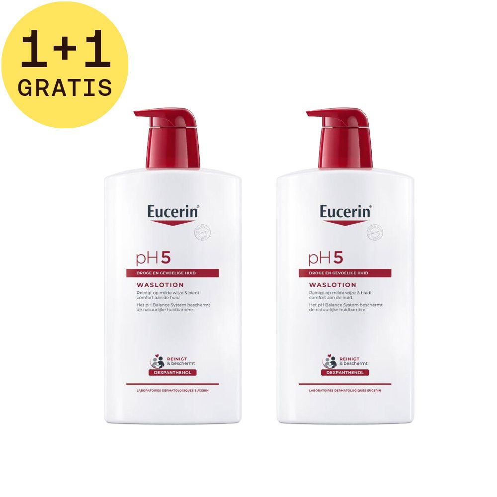 Twee witte flessen met rode pomp. Opschrift: Eucerin pH5 Waslotion. 1+1 GRATIS.