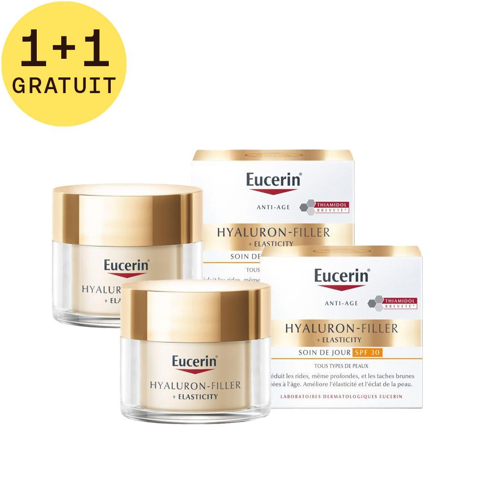 Deux pots de crème et deux boîtes pliantes. Inscription: Eucerin Hyaluron-Filler + Elasticity Soin de Jour SPF 30. 1+1 GRATUIT.