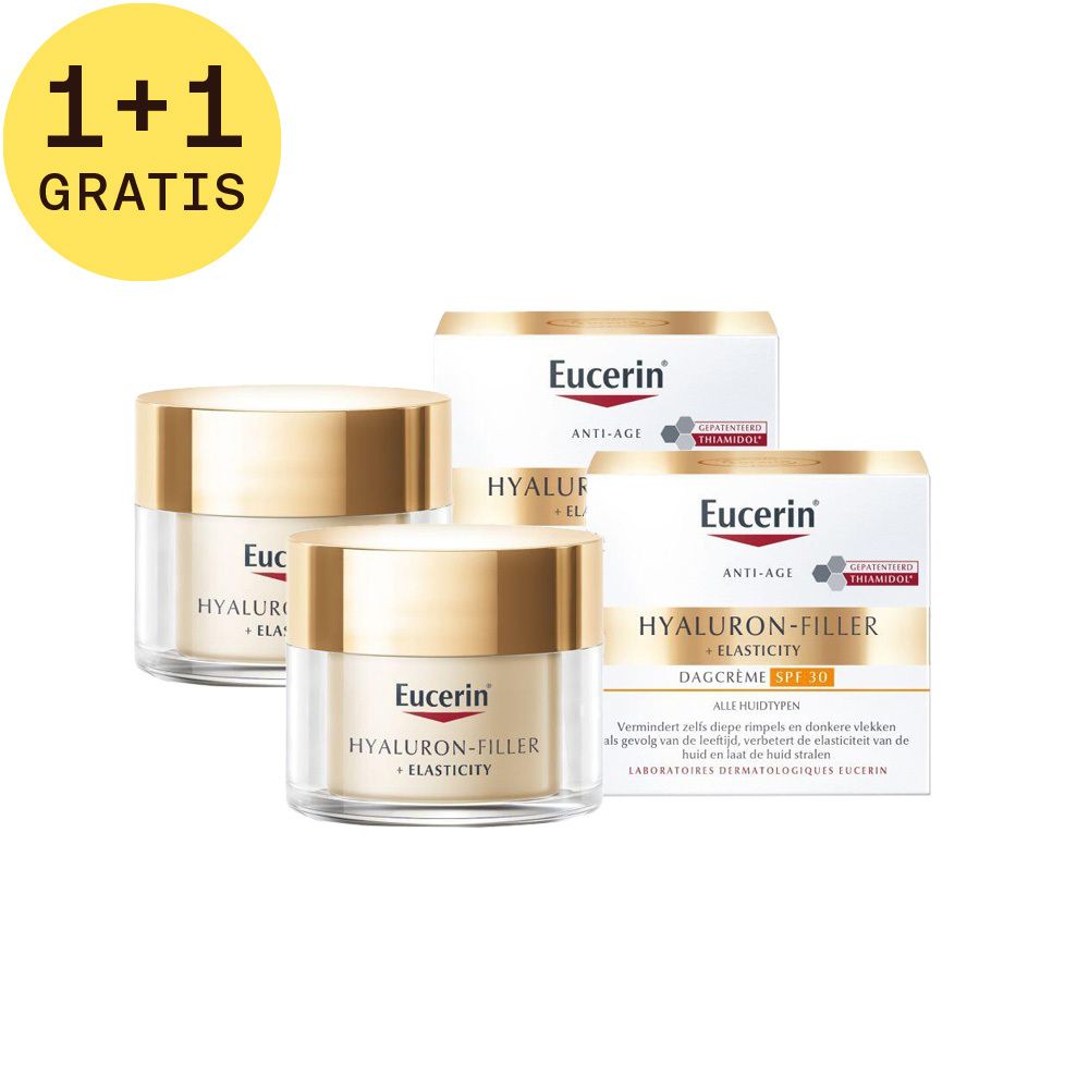 Twee crèmepotten en twee vouwdozen. Opschrift: Eucerin Hyaluron-Filler + Elasticity Dagcrème SPF 30. 1+1 GRATIS.