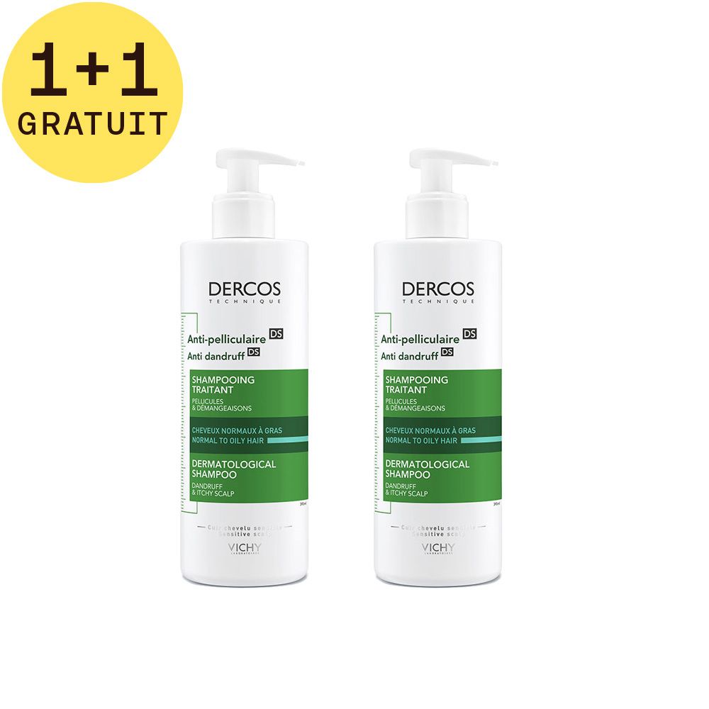 Deux flacons de shampooing avec pompe doseuse. Inscription: Dercos Anti-pelliculaire. 1+1 gratuit.