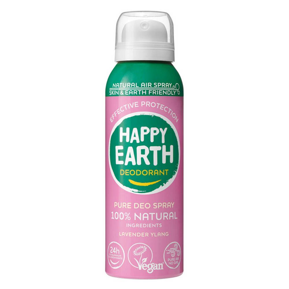 Groene deodorant spray van Happy Earth. Witte spuitkop. Tekst: Pure Deo Spray, 100% Natural, Cedar Lime.