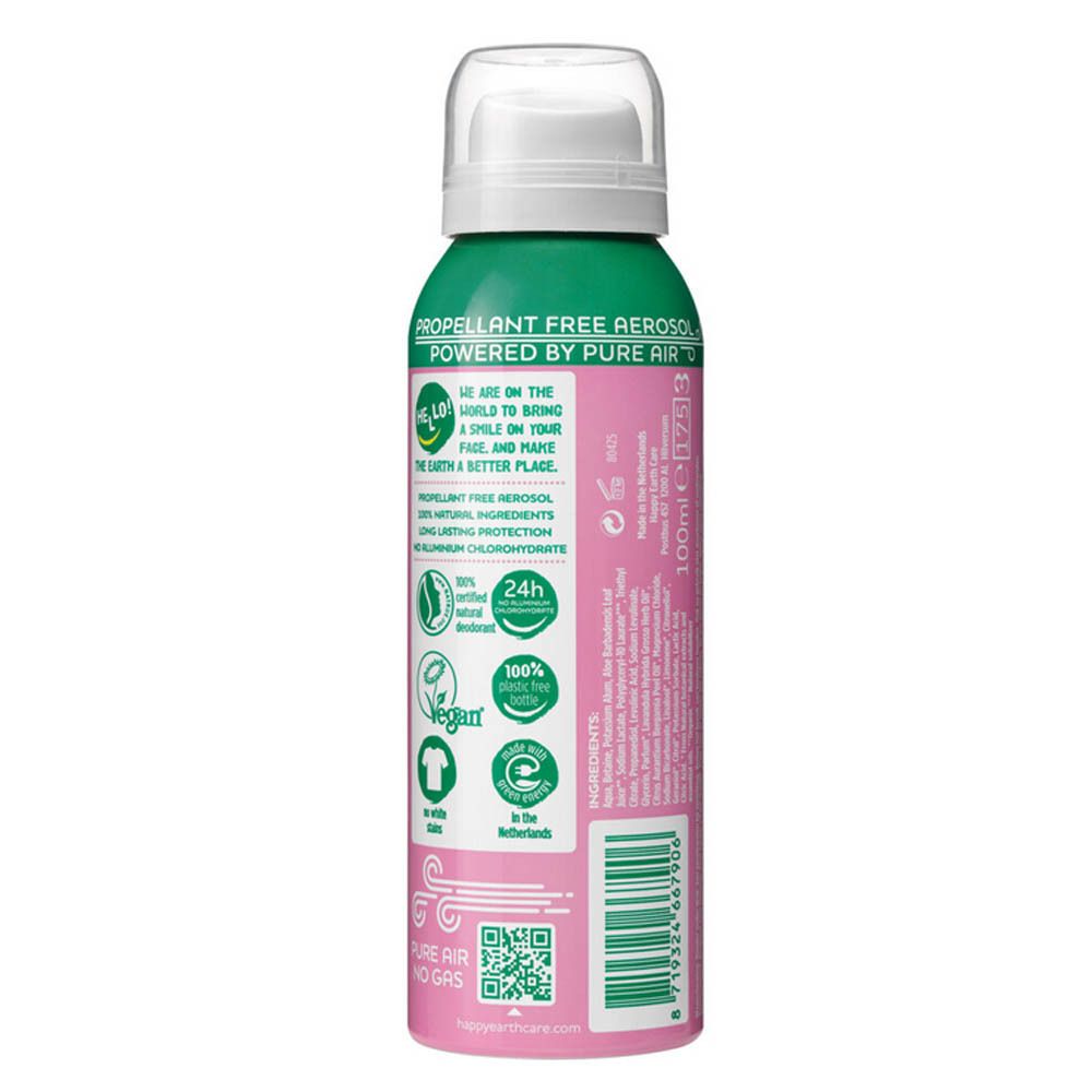 Achterkant van de groene deodorant spray. Tekst: Propellant Free Aerosol, Powered by Pure Air. Vegan logo.
